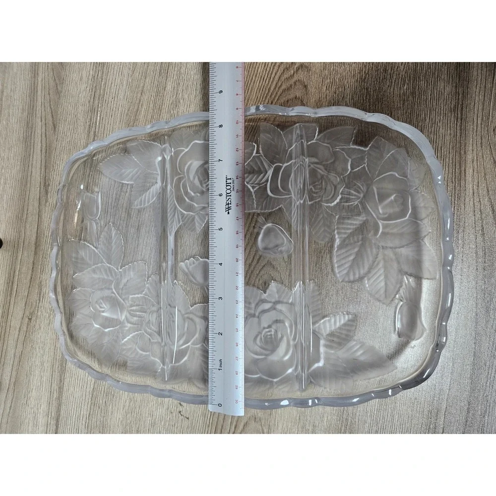 Vintage Frosted Rose Floral Glass Divided Relish Serving Tray 11.5